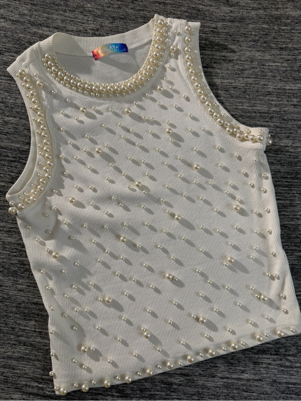 White Pearl-Embellished Girls' Ribbed Tank Top
